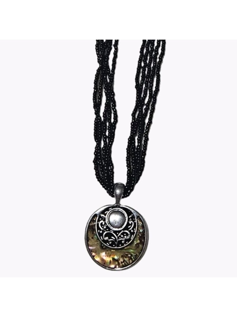 Abalone Pendant Necklace Black Seed Beaded Multi Strand Statement Jewelry Women